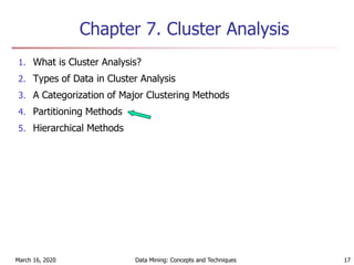 March 16, 2020 Data Mining: Concepts and Techniques 17
Chapter 7. Cluster Analysis
1. What is Cluster Analysis?
2. Types of Data in Cluster Analysis
3. A Categorization of Major Clustering Methods
4. Partitioning Methods
5. Hierarchical Methods
 