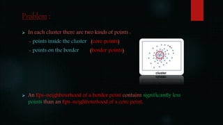 Problem :
 In each cluster there are two kinds of points :
- points inside the cluster (core points)
- points on the border (border points)
 An Eps-neighbourhood of a border point contains significantly less
points than an Eps-neighbourhood of a core point.
 