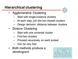 Hierarchical clustering
• Agglomerative Clustering
– Start with single-instance clusters
– At each step, join the two closest clusters
– Design decision: distance between clusters
• Divisive Clustering
– Start with one universal cluster
– Find two clusters
– Proceed recursively on each subset
– Can be very fast
• Both methods produce a
dendrogram
g a c i e d k b j f h
 