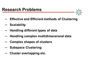 Research Problems
─ Effective and Efficient methods of Clustering
─ Scalability
─ Handling different types of data
─ Handling complex multidimensional data
─ Complex shapes of clusters
─ Subspace Clustering
─ Cluster overlapping etc.
 