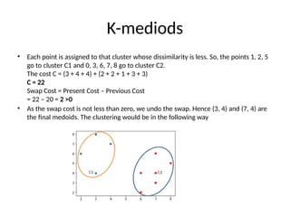 K-mediods
• Each point is assigned to that cluster whose dissimilarity is less. So, the points 1, 2, 5
go to cluster C1 and 0, 3, 6, 7, 8 go to cluster C2.
The cost C = (3 + 4 + 4) + (2 + 2 + 1 + 3 + 3)
C = 22
Swap Cost = Present Cost – Previous Cost
= 22 – 20 = 2 >0
• As the swap cost is not less than zero, we undo the swap. Hence (3, 4) and (7, 4) are
the final medoids. The clustering would be in the following way
 