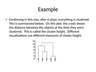 Example
• Continuing in this way, after 6 steps, everything is clustered.
This is summarized below. On this plot, the y-axis shows
the distance between the objects at the time they were
clustered. This is called the cluster height. Different
visualizations use different measures of cluster height.
 