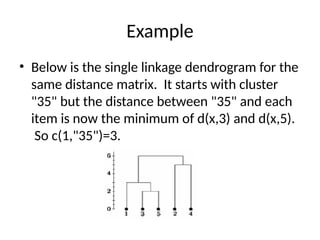 Example
• Below is the single linkage dendrogram for the
same distance matrix. It starts with cluster
"35" but the distance between "35" and each
item is now the minimum of d(x,3) and d(x,5).
So c(1,"35")=3.
 