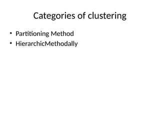 Categories of clustering
• Partitioning Method
• HierarchicMethodally
 