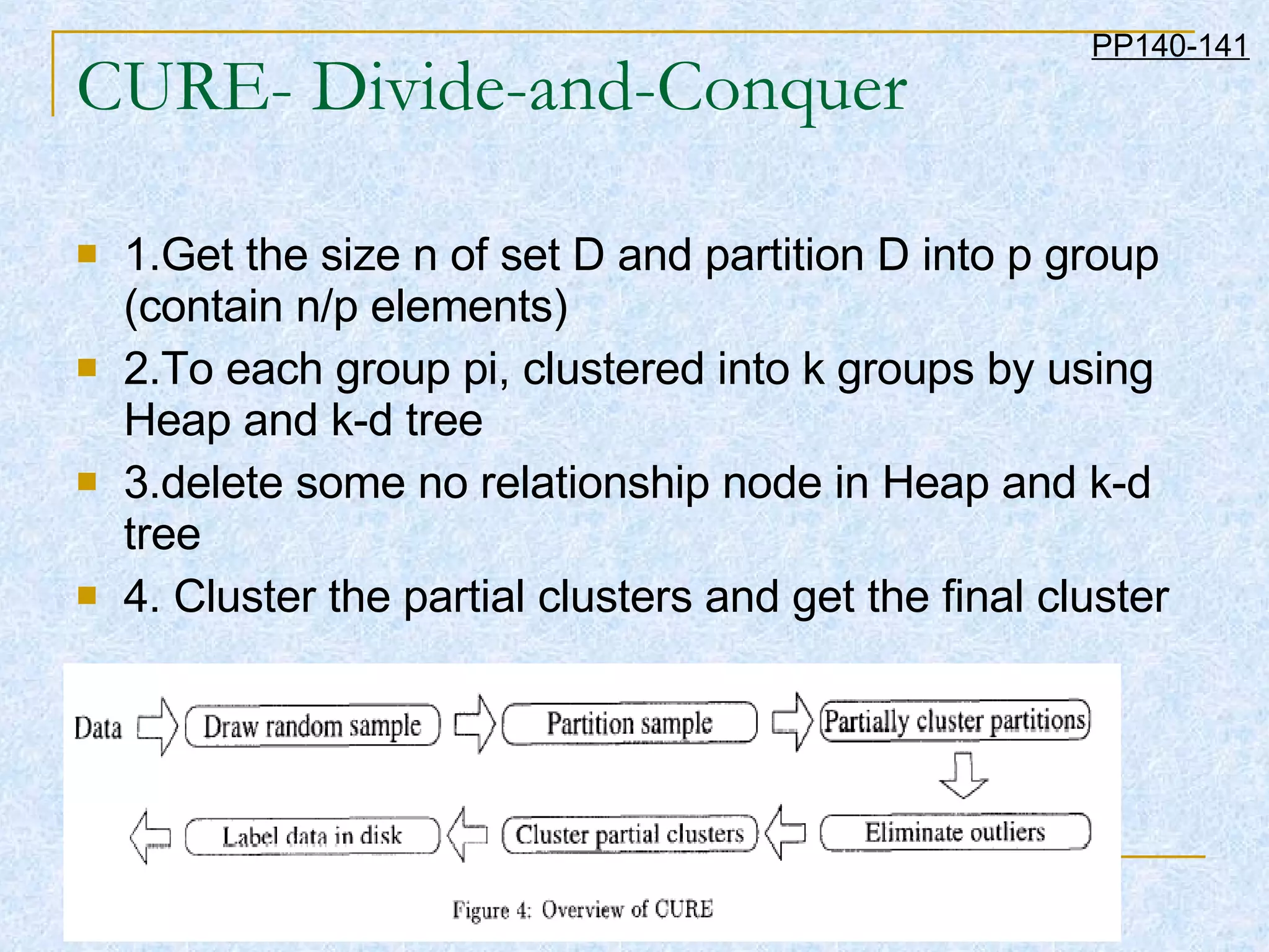 CURE- Divide-and-Conquer 1.Get the size n of set D and partition D into p group (contain n/p elements) 2.To each group pi, clustered into k groups by using Heap and k-d tree 3.delete some no relationship node in Heap and k-d tree 4. Cluster the partial clusters and get the final cluster PP140-141 