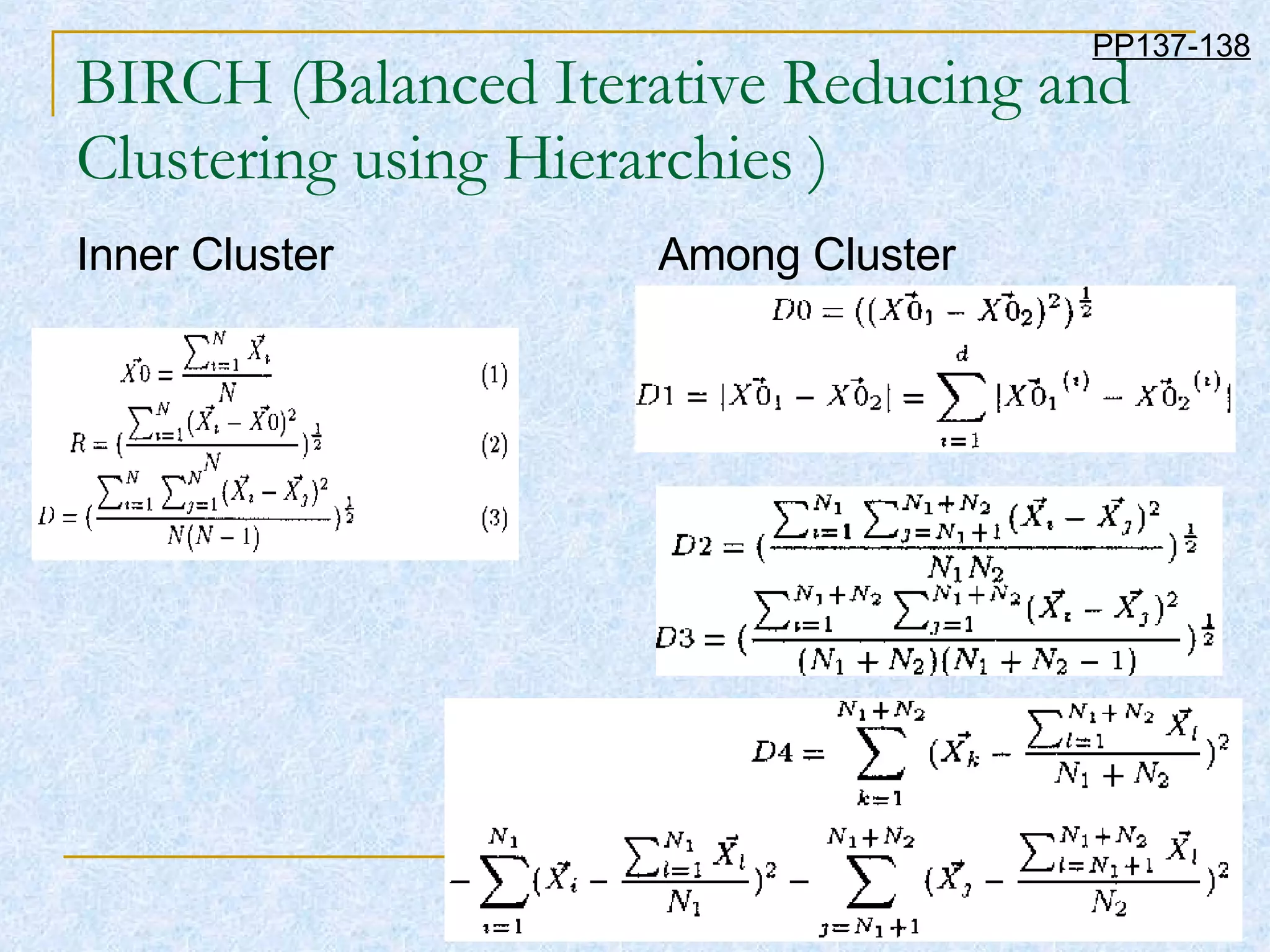 BIRCH (Balanced Iterative Reducing and Clustering using Hierarchies ) Inner Cluster  Among Cluster PP137-138 