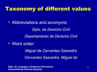 Taxonomy of different values
• Abbreviations and acronyms:
Dpto. de Derecho Civil
Departamento de Derecho Civil

• Word or...