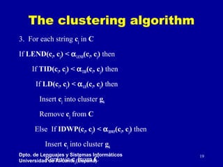 The clustering algorithm
3. For each string cj in C
If LEND(ci, cj) < α LEND(ci, cj) then
If TID(ci, cj) < α TID(ci, cj) t...