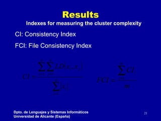Results

Indexes for measuring the cluster complexity

CI: Consistency Index
FCI: File Consistency Index

∑∑ LD( x , x )
n...