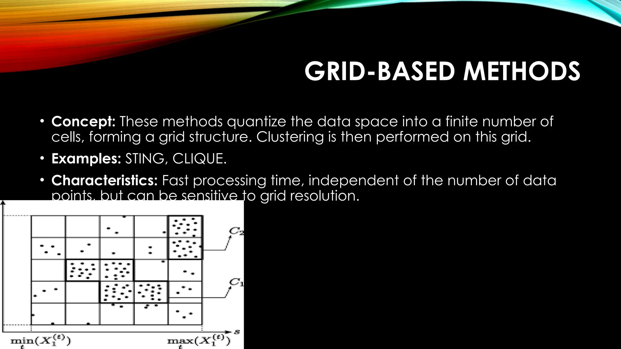 GRID-BASED METHODS • Concept: These methods quantize the data space into a finite number of cells, forming a grid structure. Clustering is then performed on this grid. • Examples: STING, CLIQUE. • Characteristics: Fast processing time, independent of the number of data points, but can be sensitive to grid resolution. 