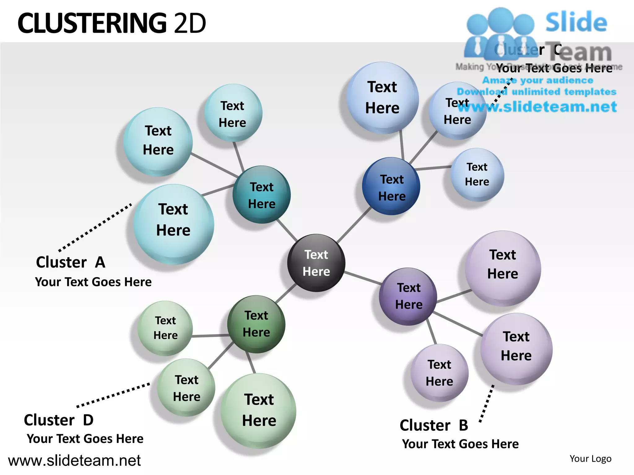 CLUSTERING 2D
                                                                                Cluster C
                                                                                Your Text Goes Here
                                                        Text
                                   Text                 Here         Text
                                   Here                              Here
                    Text
                    Here
                                                                         Text
                                                         Text            Here
                                          Text
                                                         Here
                         Text             Here
                         Here
                                                 Text                       Text
   Cluster A                                     Here
   Your Text Goes Here
                                                                            Here
                                                           Text
                                                           Here
                         Text         Text
                         Here         Here                                      Text
                                                                                Here
                                                                  Text
                            Text                                  Here
                            Here      Text
  Cluster D                           Here                  Cluster B
  Your Text Goes Here                                          Your Text Goes Here
www.slideteam.net                                                                           Your Logo
 
