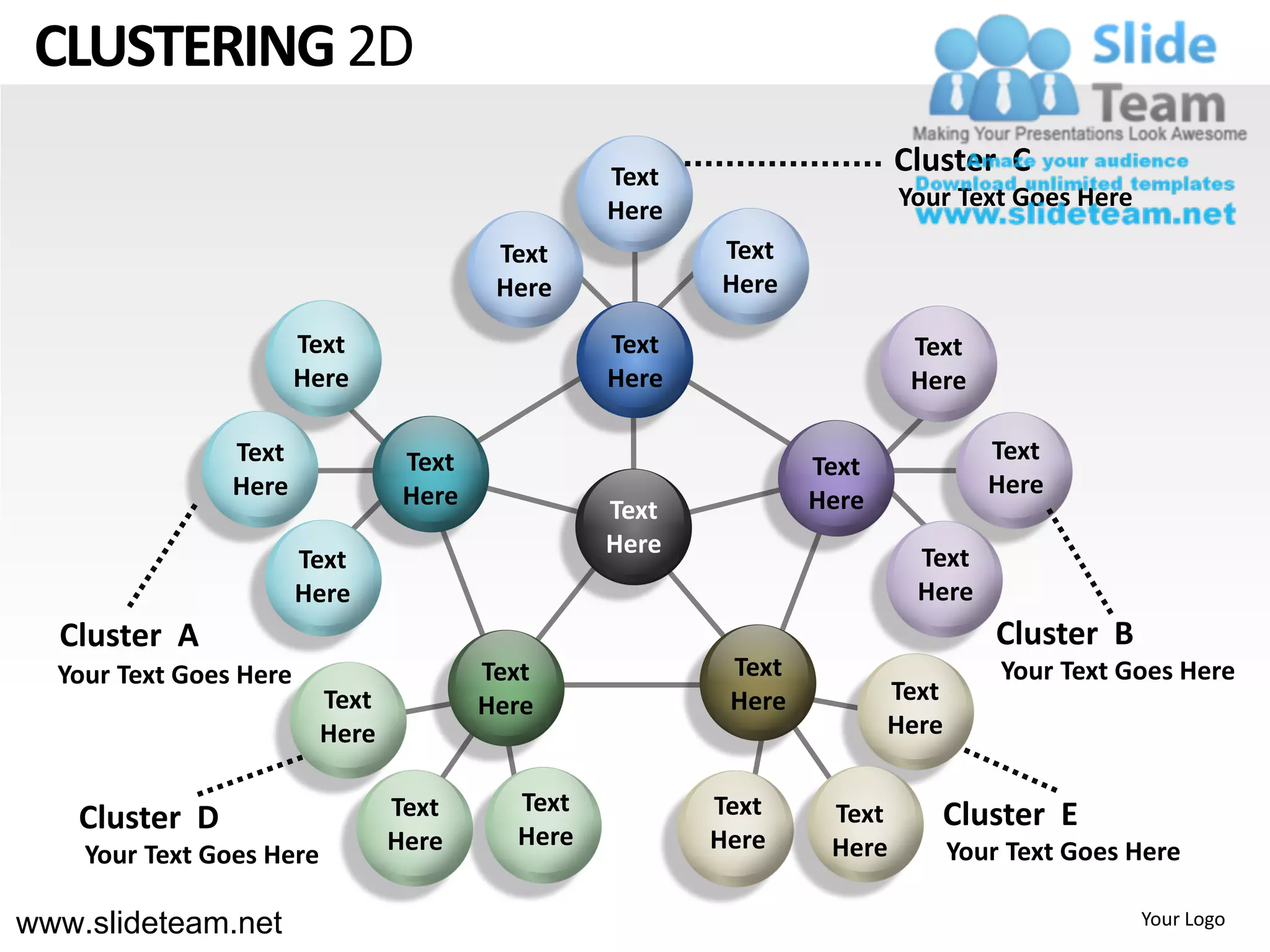 CLUSTERING 2D
                                                  Text
                                                                         Cluster C
                                                  Here                   Your Text Goes Here

                                          Text           Text
                                          Here           Here

                        Text                      Text                    Text
                        Here                      Here                    Here

                Text              Text                                            Text
                                                                 Text
                Here              Here                                            Here
                                                  Text           Here
                                                  Here                    Text
                        Text
                        Here                                              Here
  Cluster A                                                                        Cluster B
  Your Text Goes Here                    Text             Text                     Your Text Goes Here
                          Text                            Here          Text
                                         Here
                          Here                                          Here

                                 Text      Text          Text     Text      Cluster E
    Cluster D                              Here
                                 Here                    Here     Here         Your Text Goes Here
    Your Text Goes Here

www.slideteam.net                                                                              Your Logo
 