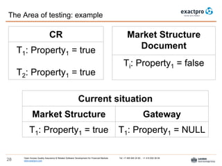 Open Access Quality Assurance & Related Software Development for Financial Markets Tel: +7 495 640 24 60 , +1 415 830 38 49
www.exactpro.com28
The Area of testing: example
CR
T1: Property1 = true
T2: Property1 = true
Market Structure
Document
Ti: Property1 = false
Current situation
Market Structure Gateway
T1: Property1 = true T1: Property1 = NULL
 