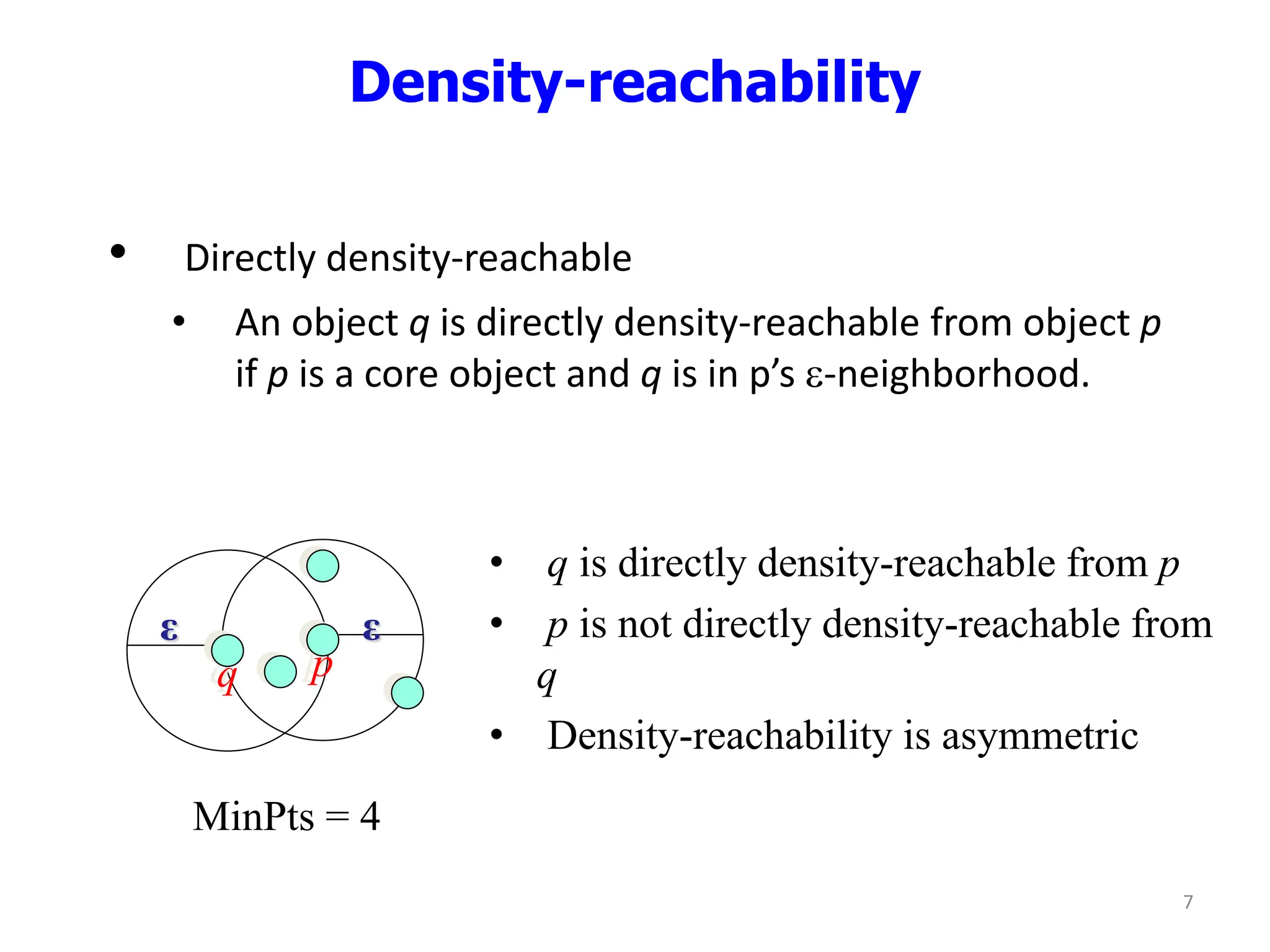 Density-reachability
• Directly density-reachable
• An object q is directly density-reachable from object p
if p is a core object and q is in p’s -neighborhood.
q p
ε
ε
• q is directly density-reachable from p
• p is not directly density-reachable from
q
• Density-reachability is asymmetric
MinPts = 4
7
 