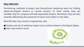 Why DBSCAN?
Partitioning methods K-means and hierarchical clustering work for finding
spherical-shaped clusters or convex clusters. In other words, they are
suitable only for compact and well-separated clusters. Moreover, they are also
severely affected by the presence of noise and outliers in the data.
Real life data may contain irregularities, like:
●Clusters can be of arbitrary shape such as those shown in the figure below.
●Data may contain noise.
 
