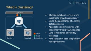 What is clustering?
Primary
Standby 1 Standby 2
Application
Write
Read
Replicate
● Multiple database servers work
together to provide redundancy
● Gives the appearance of a single
database server
● Application communicates with
the primary PostgreSQL instance
● Data is replicated to standby
instances
● Auto failover in case the primary
node goes down
 