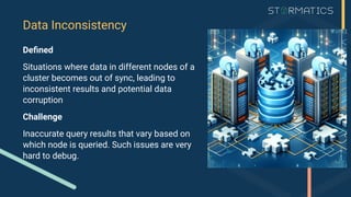 Deﬁned
Situations where data in different nodes of a
cluster becomes out of sync, leading to
inconsistent results and potential data
corruption
Challenge
Inaccurate query results that vary based on
which node is queried. Such issues are very
hard to debug.
Data Inconsistency
 