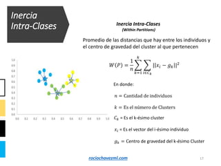 Inercia
Intra-Clases
17
Inercia Intra-Clases
(Within Partitions)
En donde:
Promedio de las distancias que hay entre los individuos y
el centro de gravedad del cluster al que pertenecen
𝑊 𝑃 =
1
𝑛
𝑘=1
𝑘
𝑖∈𝐶 𝑘
| 𝑥𝑖 − 𝑔 𝑘 |2
𝑛 = Cantidad de individuos
𝑔 𝑘 = Centro de gravedad del k-ésimo Cluster
𝑘 = Es el número de Clusters
𝑥𝑖 = Es el vector del i-ésimo individuo
𝐶 𝑘 = Es el k-ésimo cluster
rociochavezml.com
 