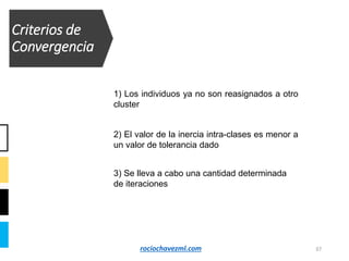 Criterios de
Convergencia
37
2) El valor de la inercia intra-clases es menor a
un valor de tolerancia dado
1) Los individuos ya no son reasignados a otro
cluster
3) Se lleva a cabo una cantidad determinada
de iteraciones
rociochavezml.com
 