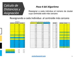 46
Reasignando a cada Individuo al centroide más cercano
Calculo de
Distancias y
Asignación
Paso 4 del Algoritmo
Reasignar a cada individuo el número de cluster
cuyo centroide esté más cercano
rociochavezml.com
 