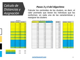 48
Calculo de
Distancias y
Asignación
Pasos 3 y 4 del Algoritmo
Calcular los centroides de los clusters, es decir, el
valor promedio que tienen los individuos que los
conforman, en cada una de las características y
reasignar los clusters
rociochavezml.com
 