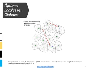 Óptimos
Locales vs.
Globales
8
Imagen tomada de Fränti, P., & Sieranoja, S. (2019). How much can k-means be improved by using better initialization
and repeats?. Pattern Recognition, 93, 95-112.
rociochavezml.com
 