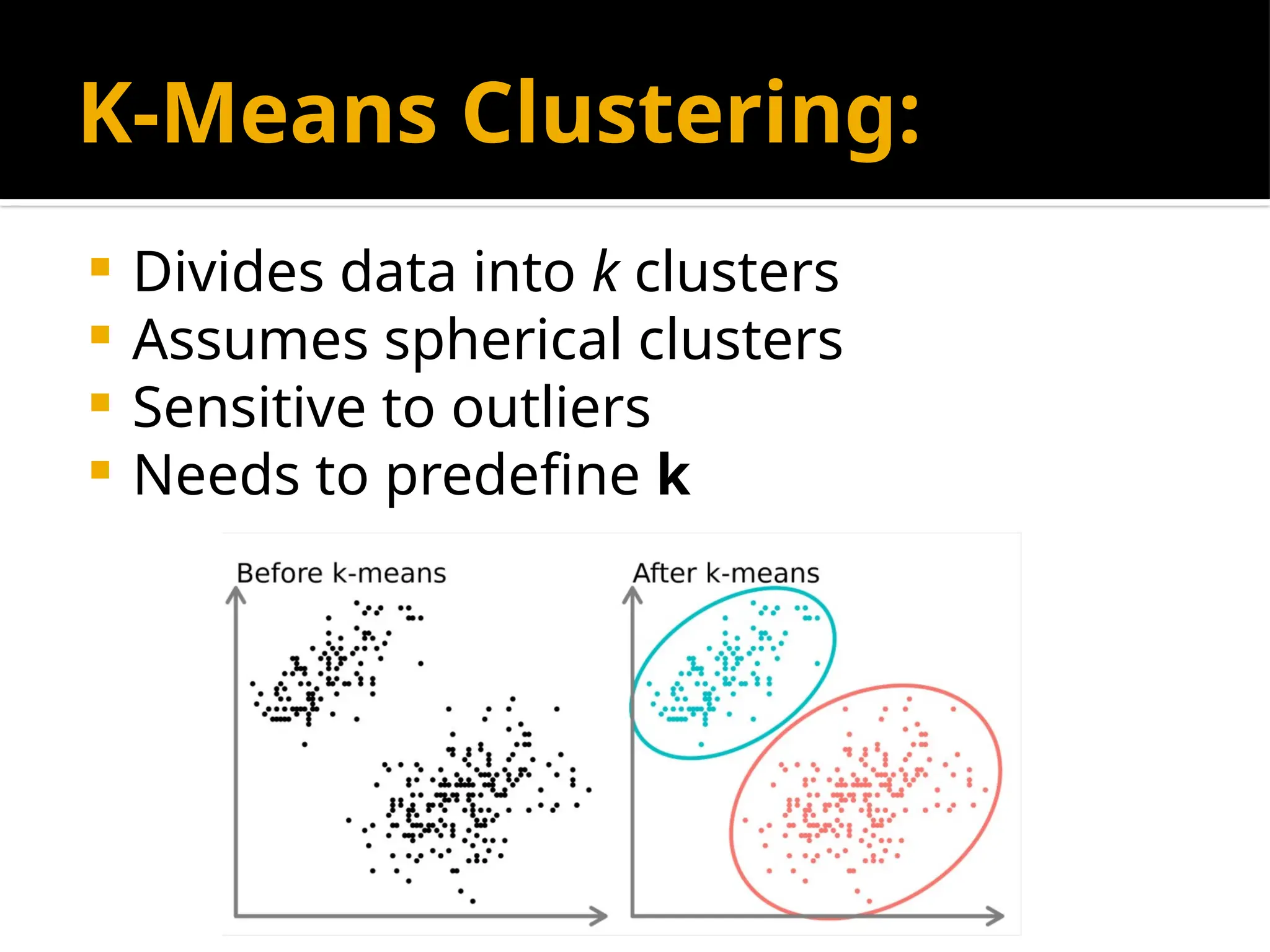 K-Means Clustering:
 Divides data into k clusters
 Assumes spherical clusters
 Sensitive to outliers
 Needs to predefine k
 