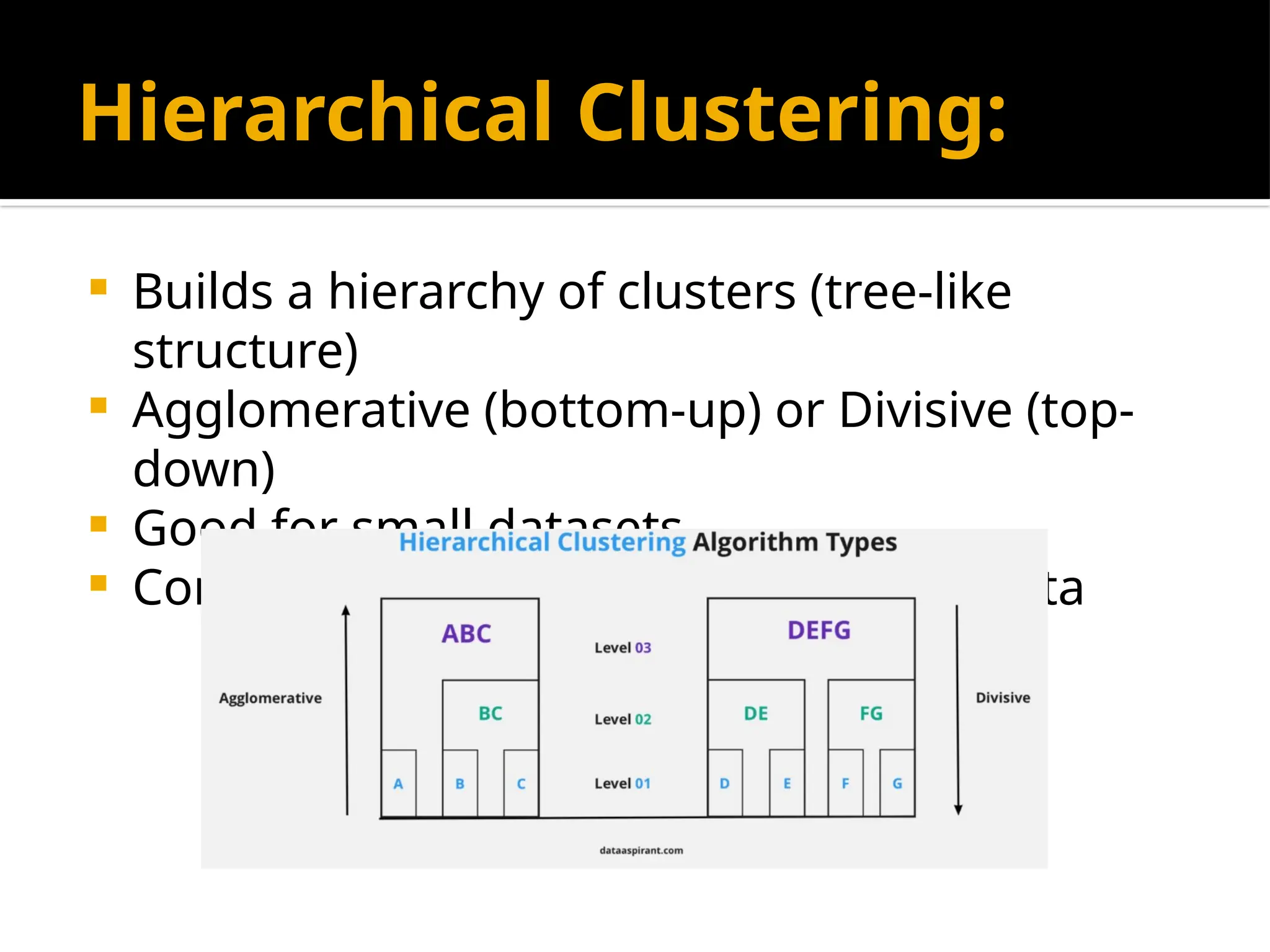 Hierarchical Clustering:
 Builds a hierarchy of clusters (tree-like
structure)
 Agglomerative (bottom-up) or Divisive (top-
down)
 Good for small datasets
 Computationally expensive for large data
 