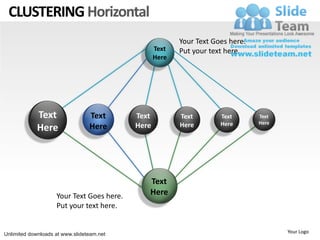 CLUSTERING Horizontal
                                                         Your Text Goes here.
                                                  Text   Put your text here.
                                                  Here




             Text                Text      Text          Text        Text       Text
                                                         Here        Here       Here
             Here                Here      Here




                                              Text
                    Your Text Goes here.      Here
                    Put your text here.


Unlimited downloads at www.slideteam.net                                               Your Logo
 