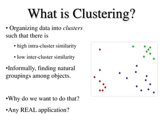• Organizing data into clusters
such that there is
• high intra-cluster similarity
• low inter-cluster similarity
•Informally, finding natural
groupings among objects.
•Why do we want to do that?
•Any REAL application?
What is Clustering?
 