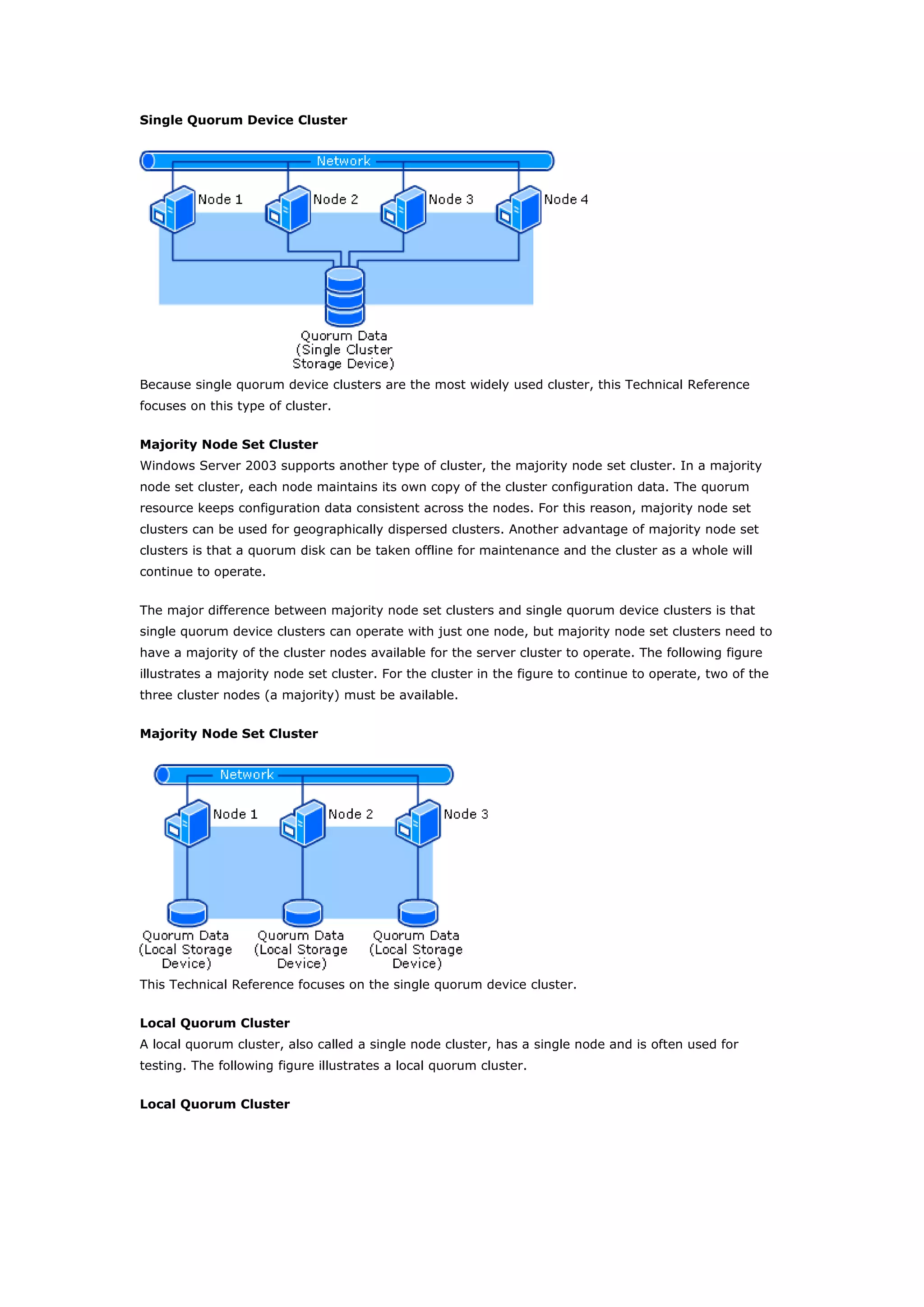 Single Quorum Device Cluster
Because single quorum device clusters are the most widely used cluster, this Technical Reference
focuses on this type of cluster.
Majority Node Set Cluster
Windows Server 2003 supports another type of cluster, the majority node set cluster. In a majority
node set cluster, each node maintains its own copy of the cluster configuration data. The quorum
resource keeps configuration data consistent across the nodes. For this reason, majority node set
clusters can be used for geographically dispersed clusters. Another advantage of majority node set
clusters is that a quorum disk can be taken offline for maintenance and the cluster as a whole will
continue to operate.
The major difference between majority node set clusters and single quorum device clusters is that
single quorum device clusters can operate with just one node, but majority node set clusters need to
have a majority of the cluster nodes available for the server cluster to operate. The following figure
illustrates a majority node set cluster. For the cluster in the figure to continue to operate, two of the
three cluster nodes (a majority) must be available.
Majority Node Set Cluster
This Technical Reference focuses on the single quorum device cluster.
Local Quorum Cluster
A local quorum cluster, also called a single node cluster, has a single node and is often used for
testing. The following figure illustrates a local quorum cluster.
Local Quorum Cluster
 