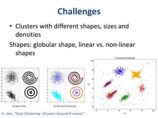Challenges 
• Clusters with different shapes, sizes and 
densities 
Shapes: globular shape, linear vs. non-linear 
shapes 
A. Jain, “Data Clustering: 50 years beyond K-means” 
 