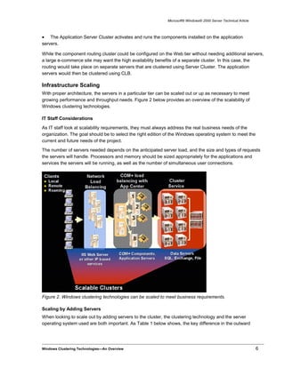 Microsoft® Windows® 2000 Server Technical Article
• The Application Server Cluster activates and runs the components installed on the application
servers.
While the component routing cluster could be configured on the Web tier without needing additional servers,
a large e-commerce site may want the high availability benefits of a separate cluster. In this case, the
routing would take place on separate servers that are clustered using Server Cluster. The application
servers would then be clustered using CLB.
Infrastructure Scaling
With proper architecture, the servers in a particular tier can be scaled out or up as necessary to meet
growing performance and throughput needs. Figure 2 below provides an overview of the scalability of
Windows clustering technologies.
IT Staff Considerations
As IT staff look at scalability requirements, they must always address the real business needs of the
organization. The goal should be to select the right edition of the Windows operating system to meet the
current and future needs of the project.
The number of servers needed depends on the anticipated server load, and the size and types of requests
the servers will handle. Processors and memory should be sized appropriately for the applications and
services the servers will be running, as well as the number of simultaneous user connections.
Figure 2. Windows clustering technologies can be scaled to meet business requirements.
Scaling by Adding Servers
When looking to scale out by adding servers to the cluster, the clustering technology and the server
operating system used are both important. As Table 1 below shows, the key difference in the outward
Windows Clustering Technologies—An Overview 6
 