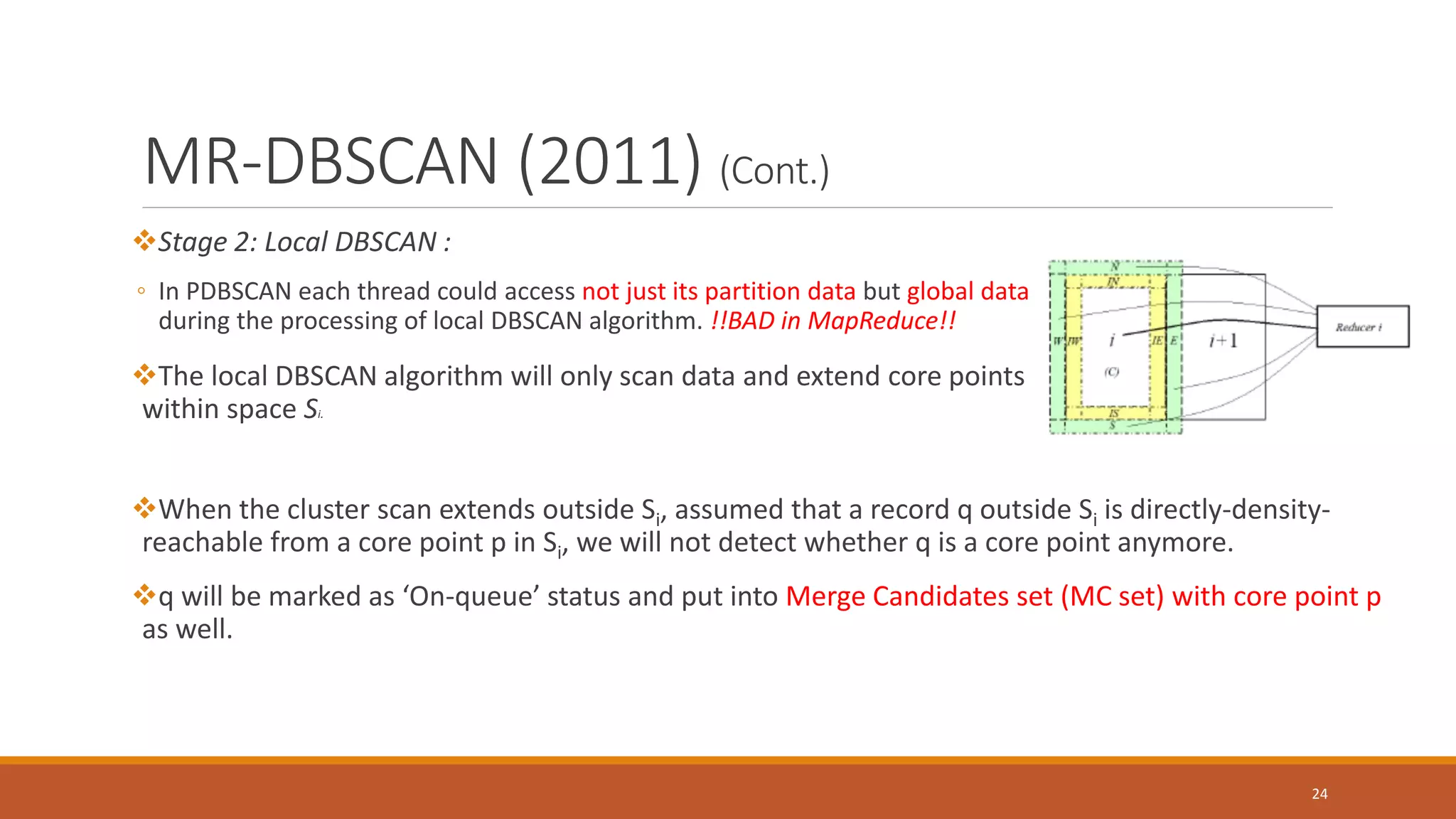 MR-DBSCAN (2011) (Cont.)
Stage 2: Local DBSCAN :
◦ In PDBSCAN each thread could access not just its partition data but global data
during the processing of local DBSCAN algorithm. !!BAD in MapReduce!!
The local DBSCAN algorithm will only scan data and extend core points
within space Si.
24
When the cluster scan extends outside Si, assumed that a record q outside Si is directly-density-
reachable from a core point p in Si, we will not detect whether q is a core point anymore.
q will be marked as ‘On-queue’ status and put into Merge Candidates set (MC set) with core point p
as well.
 