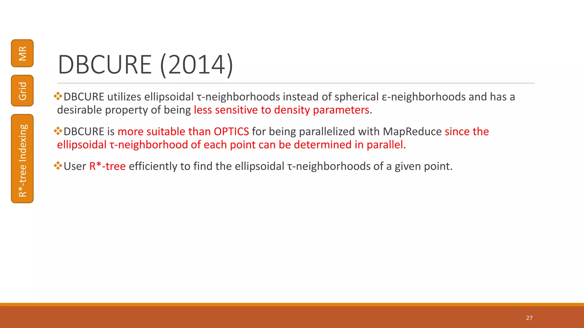 DBCURE (2014)
DBCURE utilizes ellipsoidal τ-neighborhoods instead of spherical ε-neighborhoods and has a
desirable property of being less sensitive to density parameters.
DBCURE is more suitable than OPTICS for being parallelized with MapReduce since the
ellipsoidal τ-neighborhood of each point can be determined in parallel.
User R*-tree efficiently to find the ellipsoidal τ-neighborhoods of a given point.
27
R*-treeIndexingMRGrid
 