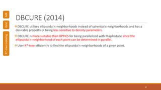DBCURE (2014)
DBCURE utilizes ellipsoidal τ-neighborhoods instead of spherical ε-neighborhoods and has a
desirable property of being less sensitive to density parameters.
DBCURE is more suitable than OPTICS for being parallelized with MapReduce since the
ellipsoidal τ-neighborhood of each point can be determined in parallel.
User R*-tree efficiently to find the ellipsoidal τ-neighborhoods of a given point.
27
R*-treeIndexingMRGrid
 