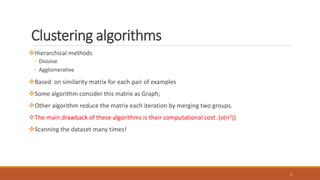 Clustering algorithms
Hierarchical methods
◦ Divisive
◦ Agglomerative
Based on similarity matrix for each pair of examples
Some algorithm consider this matrix as Graph;
Other algorithm reduce the matrix each iteration by merging two groups.
The main drawback of these algorithms is their computational cost. (o(n2))
Scanning the dataset many times!
3
 