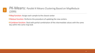 PK-Means: Parallel K-Means Clustering Based on MapReduce
(2099)
Map function: Assign each sample to the closest center
Reduce function: Performs the procedure of updating the new centers.
Combiner function: Deal with partial combination of the intermediate values with the same
key within the same map task
37
MR
 