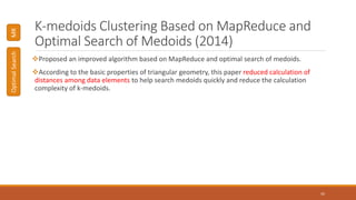 K-medoids Clustering Based on MapReduce and
Optimal Search of Medoids (2014)
Proposed an improved algorithm based on MapReduce and optimal search of medoids.
According to the basic properties of triangular geometry, this paper reduced calculation of
distances among data elements to help search medoids quickly and reduce the calculation
complexity of k-medoids.
45
MROptimalSearch
 