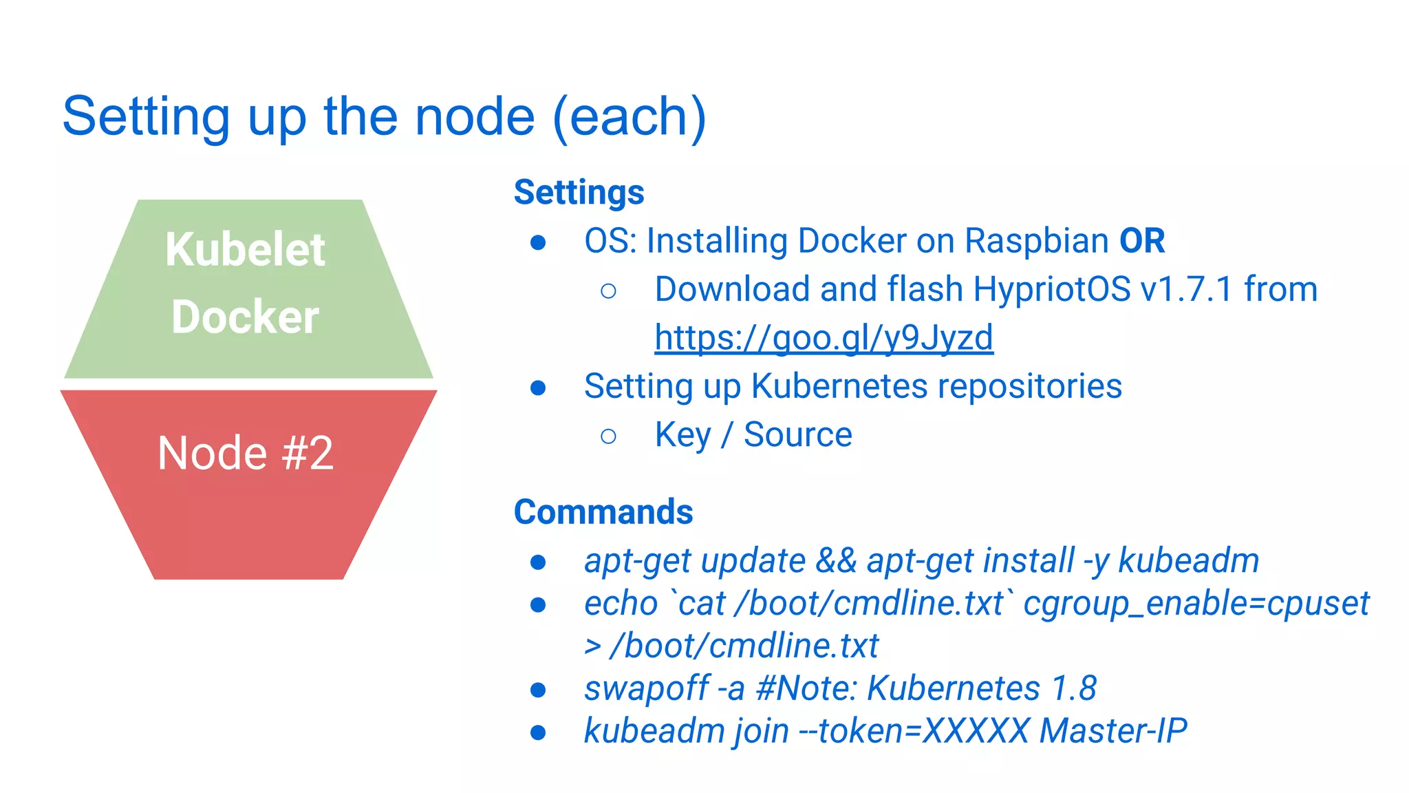 Setting up the node (each)
Settings
● OS: Installing Docker on Raspbian OR
○ Download and flash HypriotOS v1.7.1 from
https://goo.gl/y9Jyzd
● Setting up Kubernetes repositories
○ Key / Source
Commands
● apt-get update && apt-get install -y kubeadm
● echo `cat /boot/cmdline.txt` cgroup_enable=cpuset
> /boot/cmdline.txt
● swapoff -a #Note: Kubernetes 1.8
● kubeadm join --token=XXXXX Master-IP
Node #2
Kubelet
Docker
 