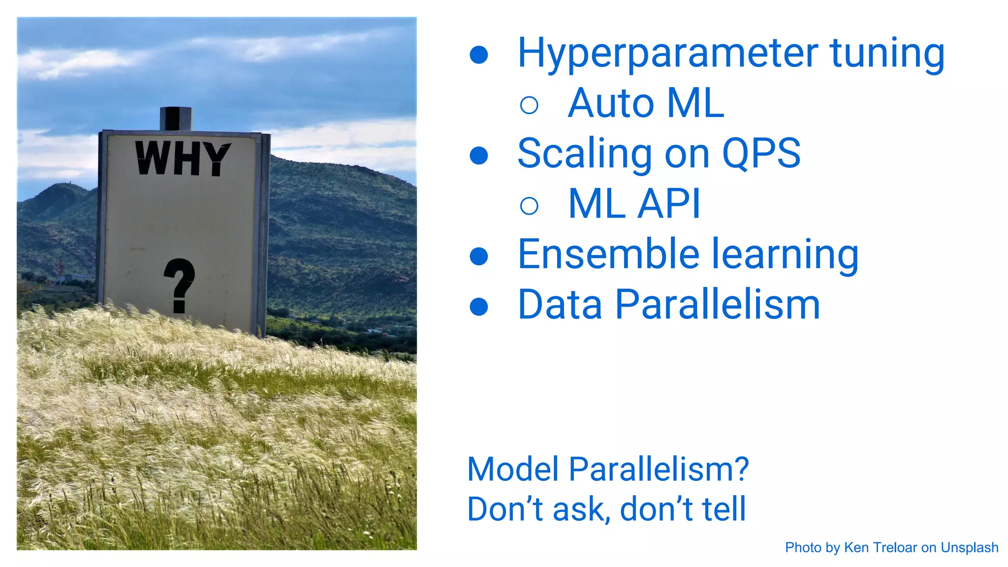 Photo by Ken Treloar on Unsplash
● Hyperparameter tuning
○ Auto ML
● Scaling on QPS
○ ML API
● Ensemble learning
● Data Parallelism
Model Parallelism?
Don’t ask, don’t tell
 