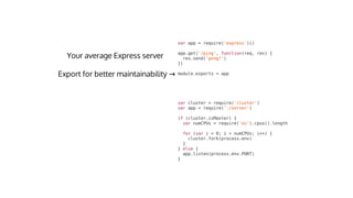 var	cluster	=	require('cluster')
var	app	=	require('./server')
if	(cluster.isMaster)	{
		var	numCPUs	=	require('os').cpus().length
		for	(var	i	=	0;	i	<	numCPUs;	i++)	{
				cluster.fork(process.env)
		}
}	else	{
		app.listen(process.env.PORT)
}
var	app	=	require('express')()
app.get('/ping',	function(req,	res)	{
		res.send('pong!')
})
module.exports	=	app→
 