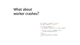 var	cluster	=	require('cluster')
var	app	=	require('./server')
if	(cluster.isMaster)	{
		var	numCPUs	=	require('os').cpus().length
		for	(var	i	=	0;	i	<	numCPUs;	i++)	{
				cluster.fork(process.env)
		}
}	else	{
		app.listen(process.env.PORT)
}
 