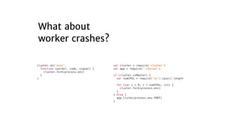 var	cluster	=	require('cluster')
var	app	=	require('./server')
if	(cluster.isMaster)	{
		var	numCPUs	=	require('os').cpus().length
		for	(var	i	=	0;	i	<	numCPUs;	i++)	{
				cluster.fork(process.env)
		}
}	else	{
		app.listen(process.env.PORT)
}
cluster.on('exit',
		function	(worker,	code,	signal)	{
				cluster.fork(process.env)
		}
)
 