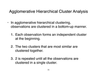 Agglomerative Hierarchical Cluster Analysis
• In agglomerative hierarchical clustering,
observations are clustered in a bottom-up manner.
1. Each observation forms an independent cluster
at the beginning.
2. The two clusters that are most similar are
clustered together.
3. 2 is repeated until all the observations are
clustered in a single cluster.
35
 