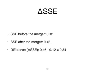 ΔSSE
• SSE before the merger: 0.12
• SSE after the merger: 0.46
• Difference (ΔSSE): 0.46 - 0.12 = 0.34
53
 