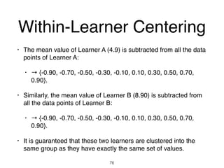 Within-Learner Centering
• The mean value of Learner A (4.9) is subtracted from all the data
points of Learner A:
• → {-0.90, -0.70, -0.50, -0.30, -0.10, 0.10, 0.30, 0.50, 0.70,
0.90}.
• Similarly, the mean value of Learner B (8.90) is subtracted from
all the data points of Learner B:
• → {-0.90, -0.70, -0.50, -0.30, -0.10, 0.10, 0.30, 0.50, 0.70,
0.90}.
• It is guaranteed that these two learners are clustered into the
same group as they have exactly the same set of values.
76
 