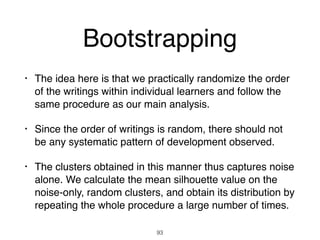• The idea here is that we practically randomize the order
of the writings within individual learners and follow the
same procedure as our main analysis.
• Since the order of writings is random, there should not
be any systematic pattern of development observed.
• The clusters obtained in this manner thus captures noise
alone. We calculate the mean silhouette value on the
noise-only, random clusters, and obtain its distribution by
repeating the whole procedure a large number of times.
93
Bootstrapping
 