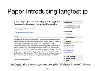 Paper Introducing langtest.jp
96
http://applij.oxfordjournals.org/content/early/2015/06/24/applin.amv025.abstract
 