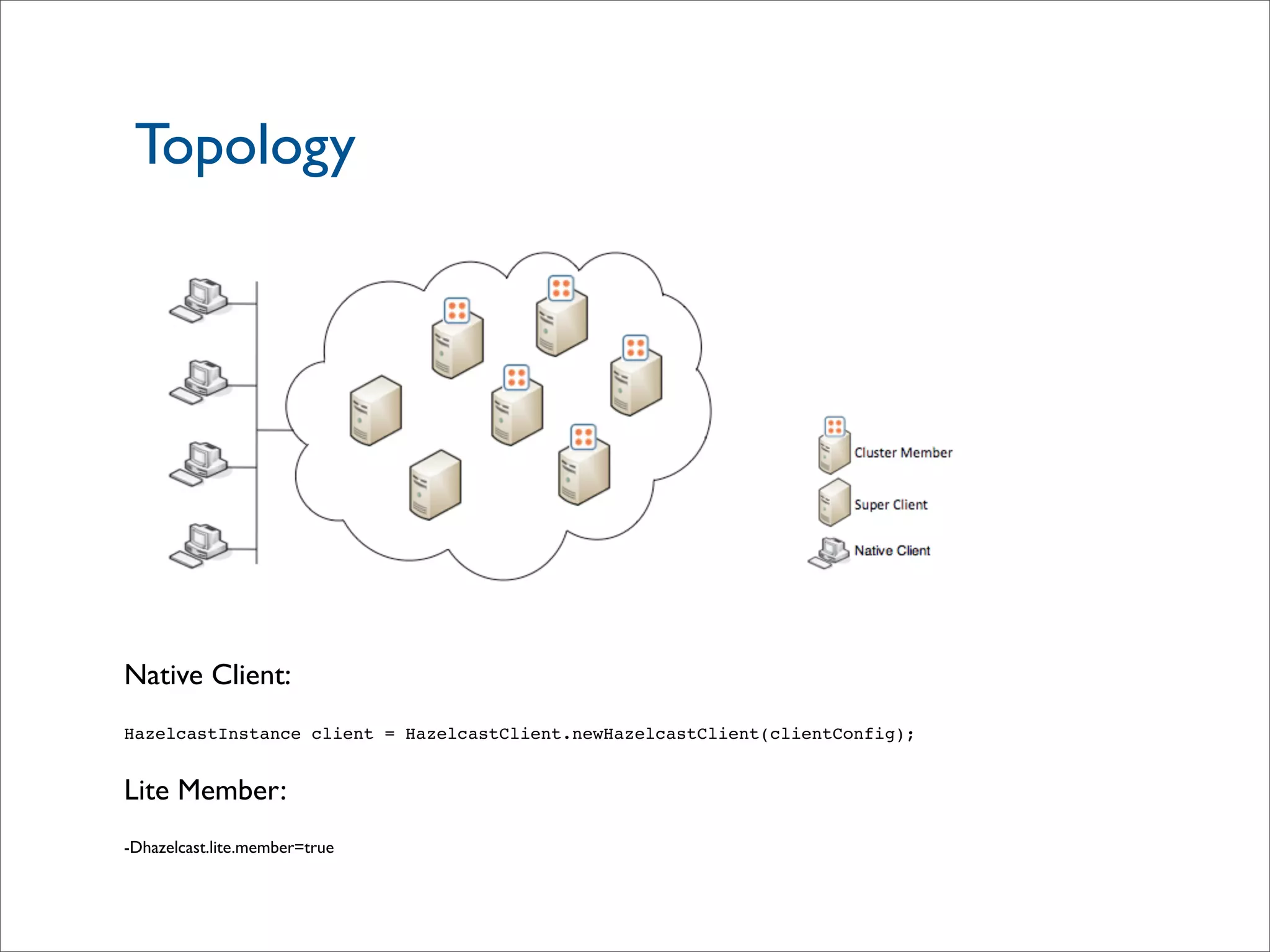Topology
Native Client:
HazelcastInstance client = HazelcastClient.newHazelcastClient(clientConfig);
Lite Member:
-Dhazelcast.lite.member=true
 